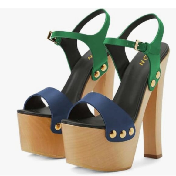 YDN Navy & Green Platform Open Round Toe Chunky High Heels Backless Sandal - Picture 1 of 8